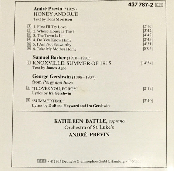 Kathleen Battle, Toni Morrison, Samuel Barber, George Gershwin, Orchestra Of St. Luke's, André Previn : Honey And Rue (CD, Album)