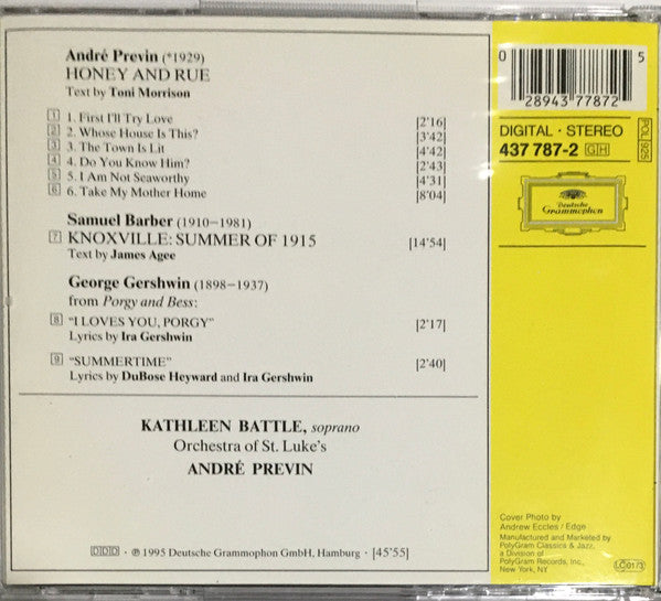 Kathleen Battle, Toni Morrison, Samuel Barber, George Gershwin, Orchestra Of St. Luke's, André Previn : Honey And Rue (CD, Album)