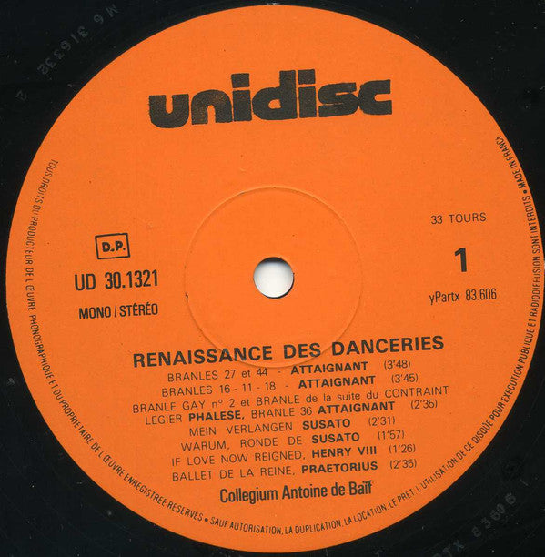 Collegium Antoine De Baïf : Renaissance Des Danceries - Branles Pour Danser (LP, Album, Gat)