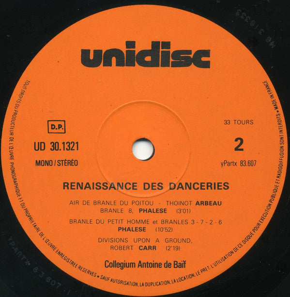 Collegium Antoine De Baïf : Renaissance Des Danceries - Branles Pour Danser (LP, Album, Gat)