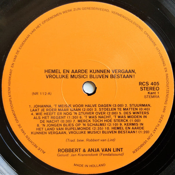 Robbert & Anja Van Lint : Hemel En Aarde Kunnen Vergaan, Vrolijke Musici Blijven Bestaan (LP, Album, RE)