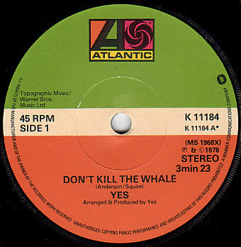 Yes : Don't Kill The Whale (7", Single)