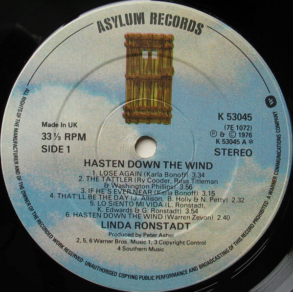 Linda Ronstadt : Hasten Down The Wind (LP, Album, Gat)