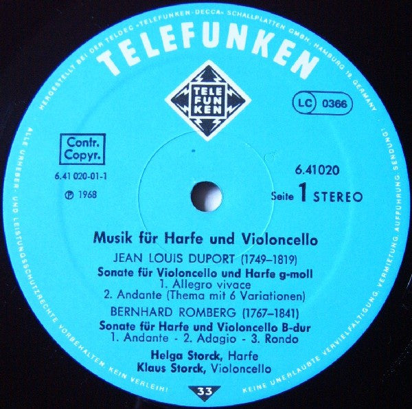 Helga Storck, Klaus Storck : Musik Für Harfe Und Cello (LP, RE)