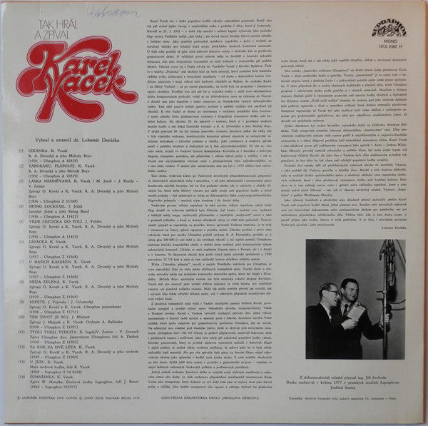 Karel Vacek : Tak Hrál A Zpíval Karel Vacek (LP, Mono, RP)