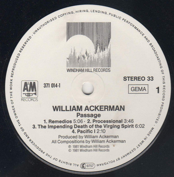 William Ackerman : Passage (LP, Album, RE, Gat)
