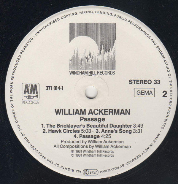 William Ackerman : Passage (LP, Album, RE, Gat)