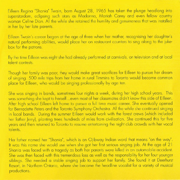 Shania Twain : On The Way (The Limelight Recordings Produced By The Legendary Paul Sabu - 1989) (CD, Album)