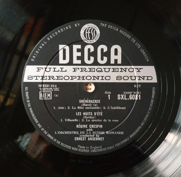 Régine Crespin, Maurice Ravel / Hector Berlioz, L'Orchestre De La Suisse Romande, Ernest Ansermet : Shéhérazade / Nuits D'Été (LP)