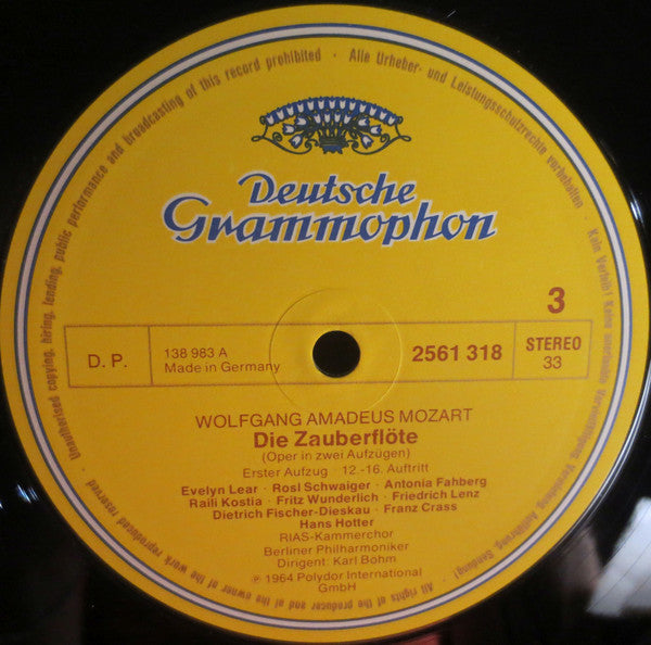 Wolfgang Amadeus Mozart - Karl Böhm Conducts; Evelyn Lear, Roberta Peters, Lisa Otto, Franz Crass, Dietrich Fischer-Dieskau, Hans Hotter, Fritz Wunderlich, RIAS-Kammerchor, Berliner Philharmoniker : Die Zauberflöte (Box, RE + 3xLP)