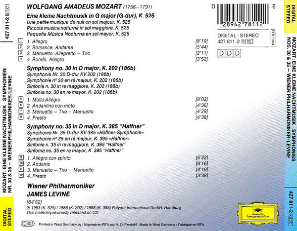 Wolfgang Amadeus Mozart / Wiener Philharmoniker / James Levine (2) : Eine Kleine Nachtmusik, Une Petite Musique De Nuit, Symphonien Nos. 30 & 35 "Hafner" (CD, Album)