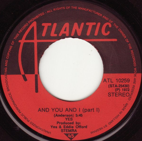 Yes : And You And I (Part 1 & 2) (7")