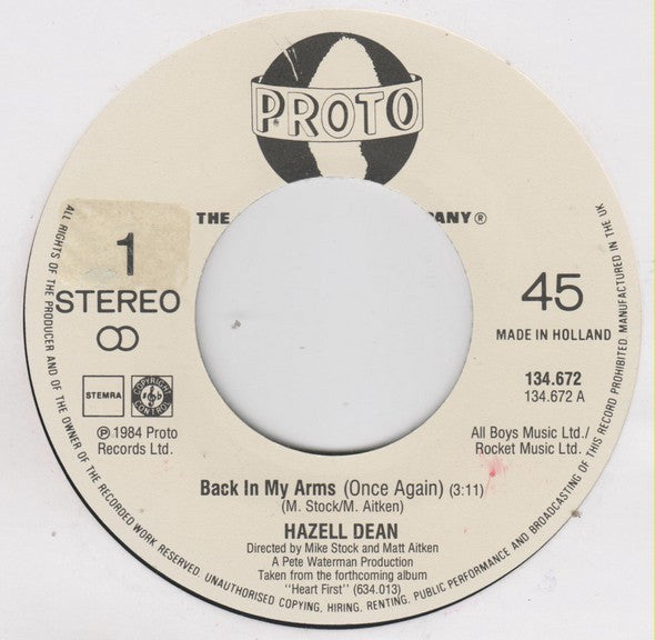 Hazell Dean : Back In My Arms (Once Again) (7", Single)
