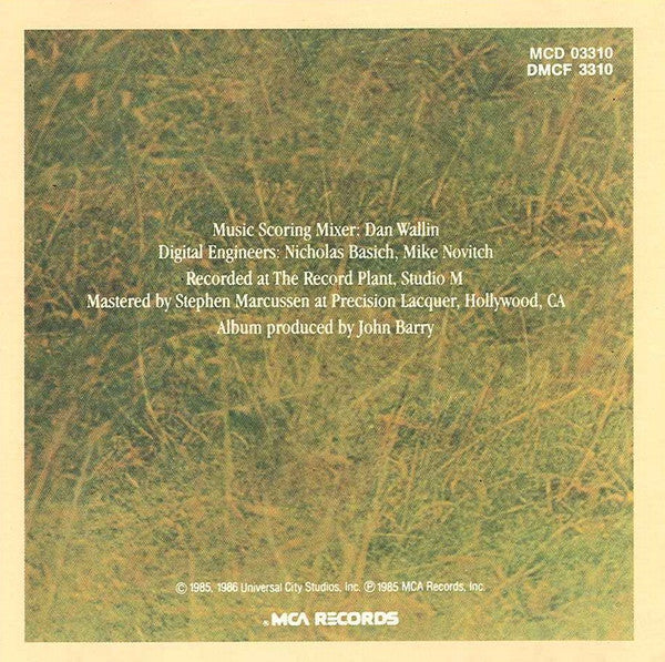 John Barry : Out Of Africa (Music From The Motion Picture Soundtrack) (CD, Album, RE)