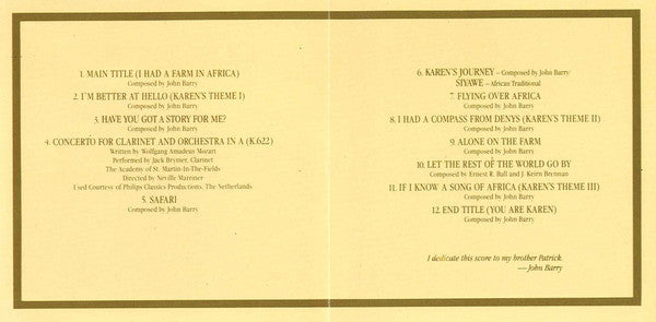 John Barry : Out Of Africa (Music From The Motion Picture Soundtrack) (CD, Album, RE)