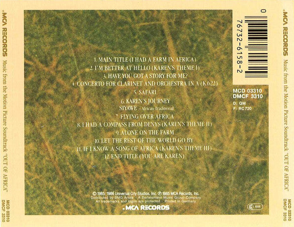 John Barry : Out Of Africa (Music From The Motion Picture Soundtrack) (CD, Album, RE)