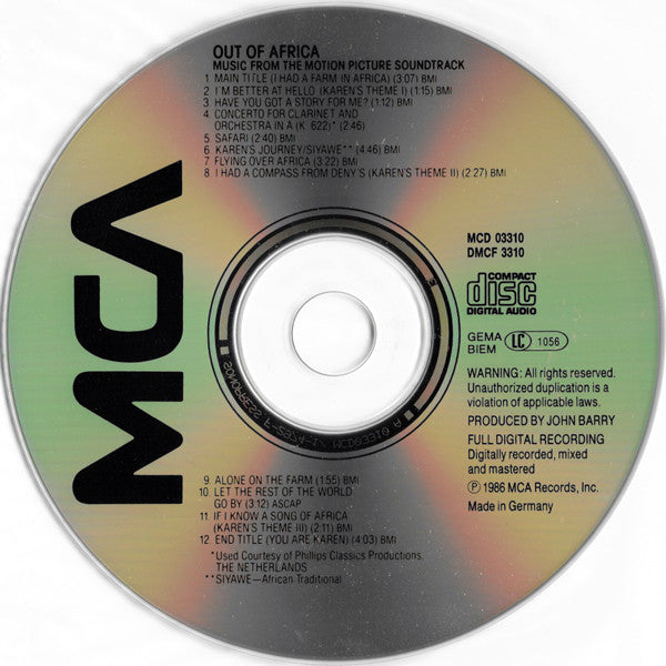 John Barry : Out Of Africa (Music From The Motion Picture Soundtrack) (CD, Album, RE)