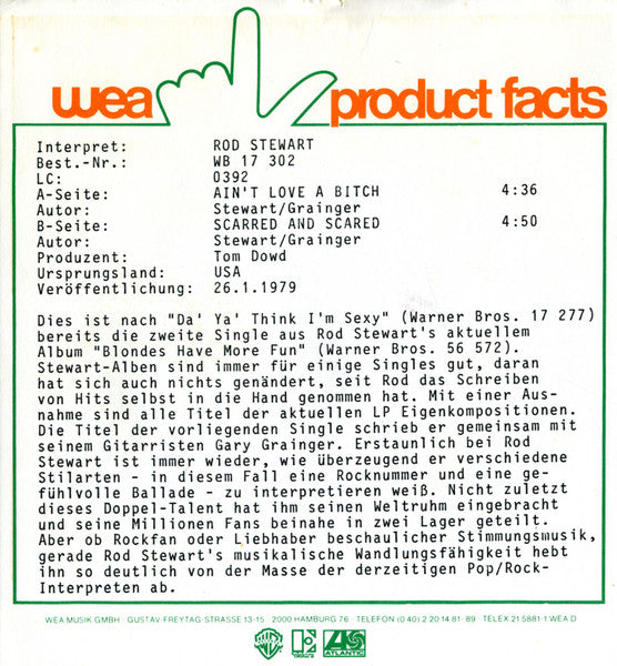 Rod Stewart : Ain't Love A Bitch (7", Single)