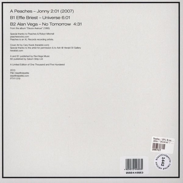Peaches / Effie Briest* / Alan Vega : Jonny / Universe / No Tomorrow (10", Ltd, Num)