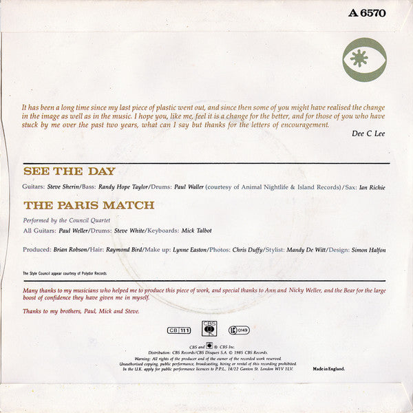Dee C. Lee : See The Day c/w The Paris Match (7", Single, Red)