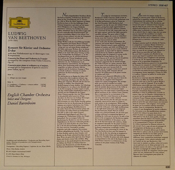 Ludwig van Beethoven – English Chamber Orchestra · Daniel Barenboim : Klavierkonzert D-dur = Piano Concerto In D Major  Übertragung Des Violinkonzertes Op. 61 = Arranged From Violin Concerto, Op. 61 (LP, RP)
