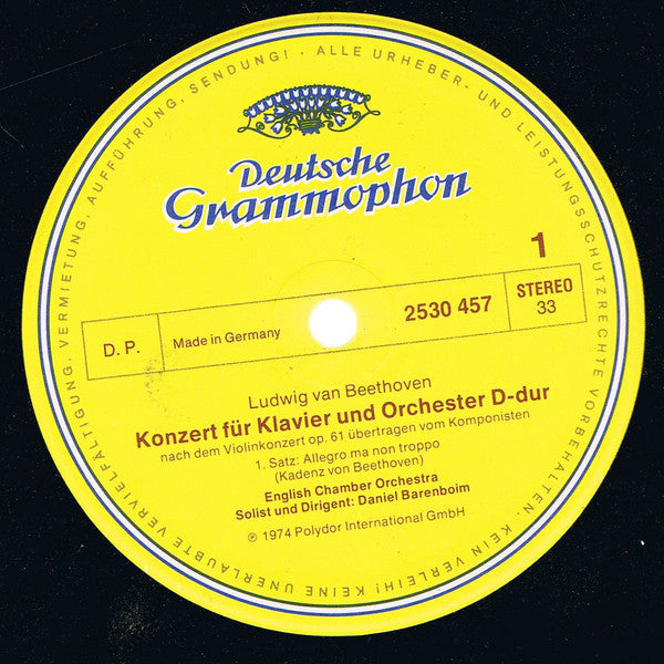 Ludwig van Beethoven – English Chamber Orchestra · Daniel Barenboim : Klavierkonzert D-dur = Piano Concerto In D Major  Übertragung Des Violinkonzertes Op. 61 = Arranged From Violin Concerto, Op. 61 (LP, RP)