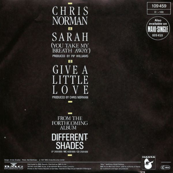 Chris Norman : Sarah (You Take My Breath Away) (7", Single)