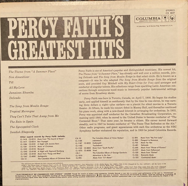 Percy Faith : Percy Faith's Greatest Hits (LP, Comp, RE, Ter)