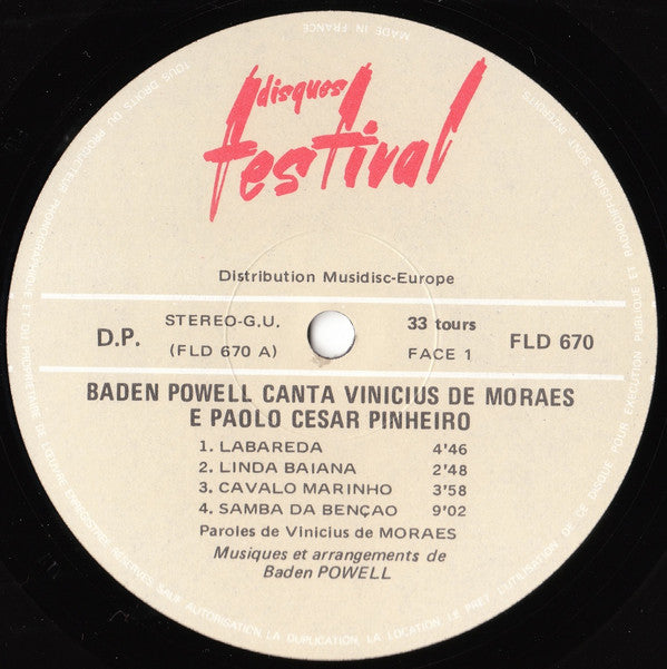 Baden Powell : Canta Vinícius De Moraes E Paolo César Pinheiro (LP, Album, Gat)