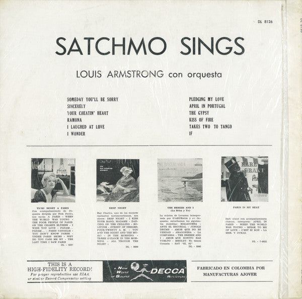 Louis Armstrong : Satchmo Sings (LP, Album, Mono)