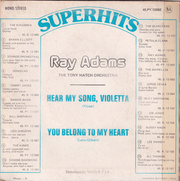 Ray Adams : Hear My Song Violetta / You Belong To My Heart (7")