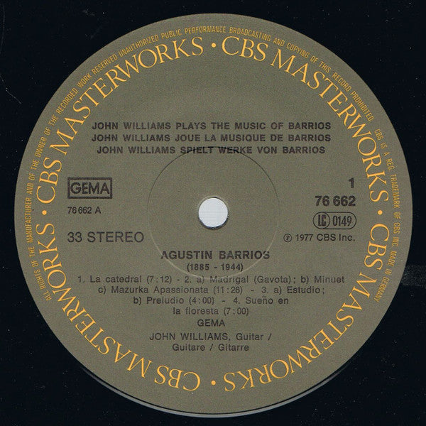 John Williams (7) - Agustín Barrios Mangoré : John Williams Plays Music Of Agustín Barrios Mangoré = John Williams Joue La Musique De Agustín Barrios Mangoré = John Williams Spielt Werke Von Agustín Barrios Mangoré (LP, Album, Gat)