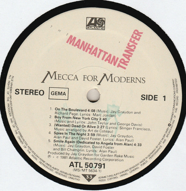 The Manhattan Transfer : Mecca For Moderns (LP, Album, Pin)