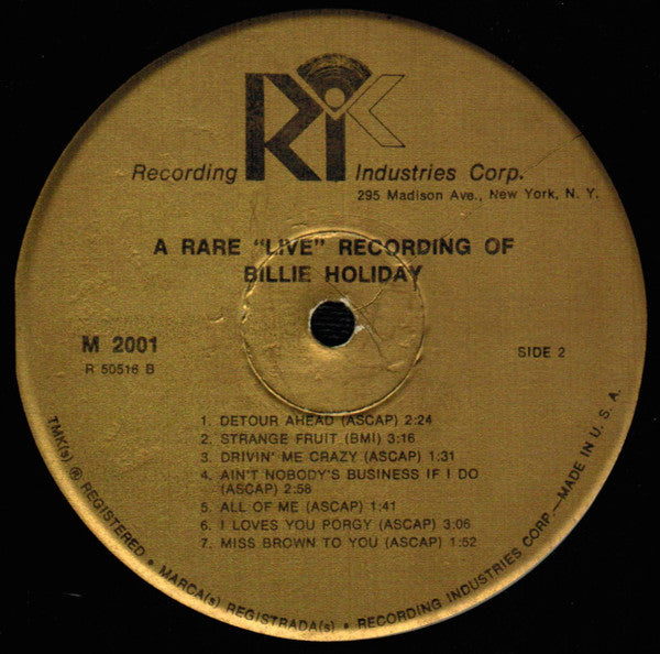 Billie Holiday : A Rare Live Recording Of Billie Holiday (LP, Album)