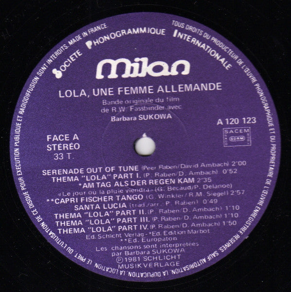 Peer Raben : Lola, Une Femme Allemande (LP, Album)