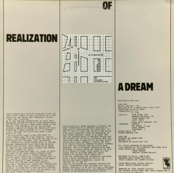 Ran Blake : Realization Of A Dream (LP, Album)