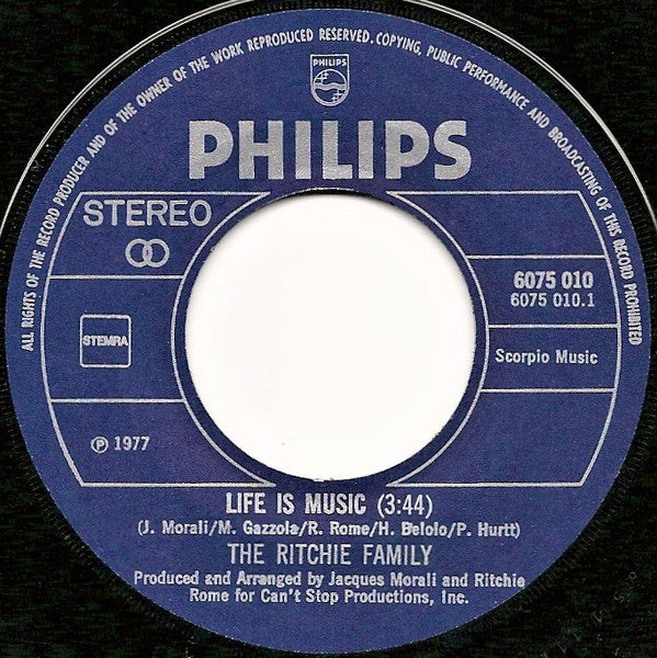 The Ritchie Family : Life Is Music (7", Single)