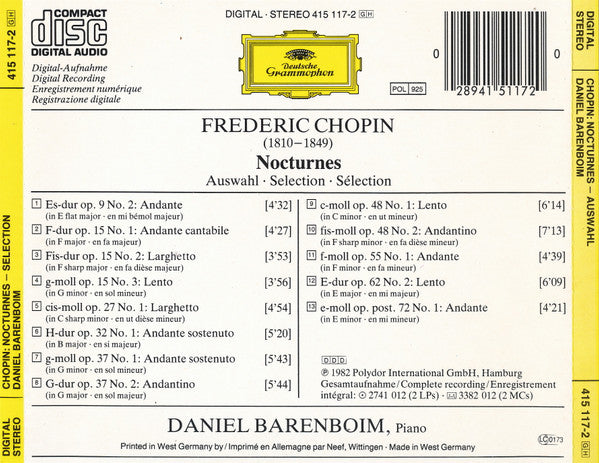 Frédéric Chopin / Daniel Barenboim : Nocturnes (Auswahl/Selection) (CD, RE)
