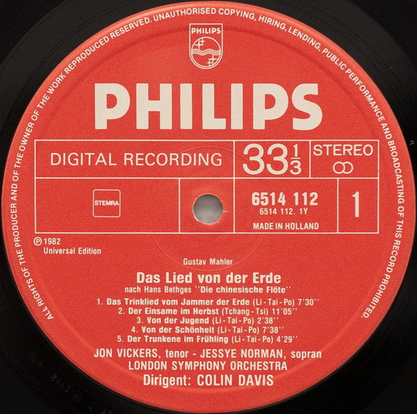 Gustav Mahler, Jessye Norman, Jon Vickers, London Symphony Orchestra, Sir Colin Davis : Das Lied Von Der Erde (LP)