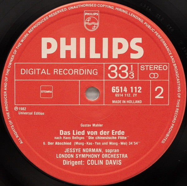 Gustav Mahler, Jessye Norman, Jon Vickers, London Symphony Orchestra, Sir Colin Davis : Das Lied Von Der Erde (LP)