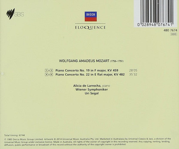 Wolfgang Amadeus Mozart – Alicia De Larrocha • Wiener Symphoniker / Uri Segal : Piano Concertos In F, K.459 • In E Flat, K.482  (CD, Album, RE)