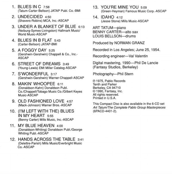 Art Tatum / Benny Carter / Louis Bellson : The Tatum Group Masterpieces, Volume One (CD, Comp, RE)