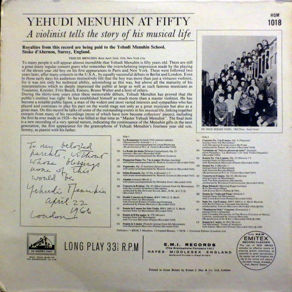 Yehudi Menuhin : Yehudi Menuhin At Fifty (LP, Comp, Mono, Gat)
