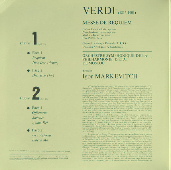 Verdi* – Orchestre Symphonique De La Philharmonie D'Etat De Moscou*, Igor Markevitch, Galina Vichnievskala*, Nina Issakova*, Vladimir Ivanovski*, Ivan Petrov*, Chœur Académique Russe De L'U.R.S.S.*, A. Sveshnikov* : Messe De Requiem (2xLP, RE)