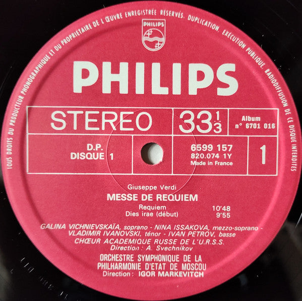 Verdi* – Orchestre Symphonique De La Philharmonie D'Etat De Moscou*, Igor Markevitch, Galina Vichnievskala*, Nina Issakova*, Vladimir Ivanovski*, Ivan Petrov*, Chœur Académique Russe De L'U.R.S.S.*, A. Sveshnikov* : Messe De Requiem (2xLP, RE)