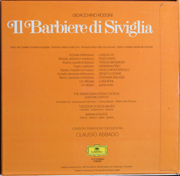 Gioacchino Rossini - Hermann Prey · Teresa Berganza · Luigi Alva · Enzo Dara · Paolo Montarsolo - London Symphony Orchestra - Claudio Abbado : Il Barbiere Di Siviglia (Box + 3xLP)
