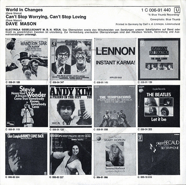 Dave Mason : World In Changes / Can't Stop Worrying, Can't Stop Loving (7", Single)