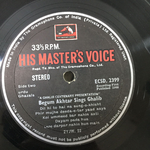 Begum Akhtar : Begum Akhtar Sings Ghalib (LP, Album)