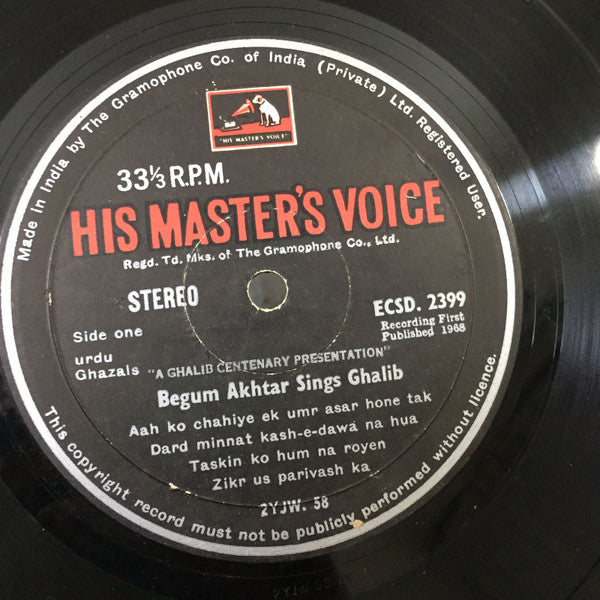 Begum Akhtar : Begum Akhtar Sings Ghalib (LP, Album)
