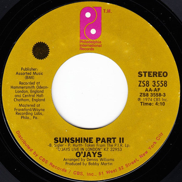 The O'Jays : Sunshine (7", Single, Styrene, Pit)